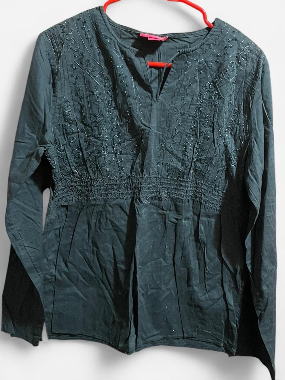 Liz Lange Dark Teal Embroidered Smocked-Waist Blouse